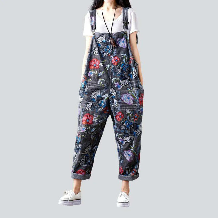 Flower print grey denim jumpsuit | Jeans4you.shop