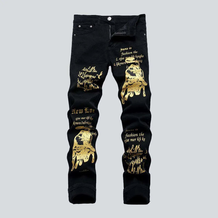 Golden print black men's jeans | Jeans4you.shop