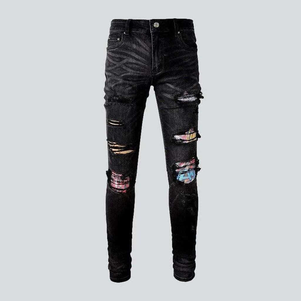 Graffiti print patchwork biker jeans | Jeans4you.shop