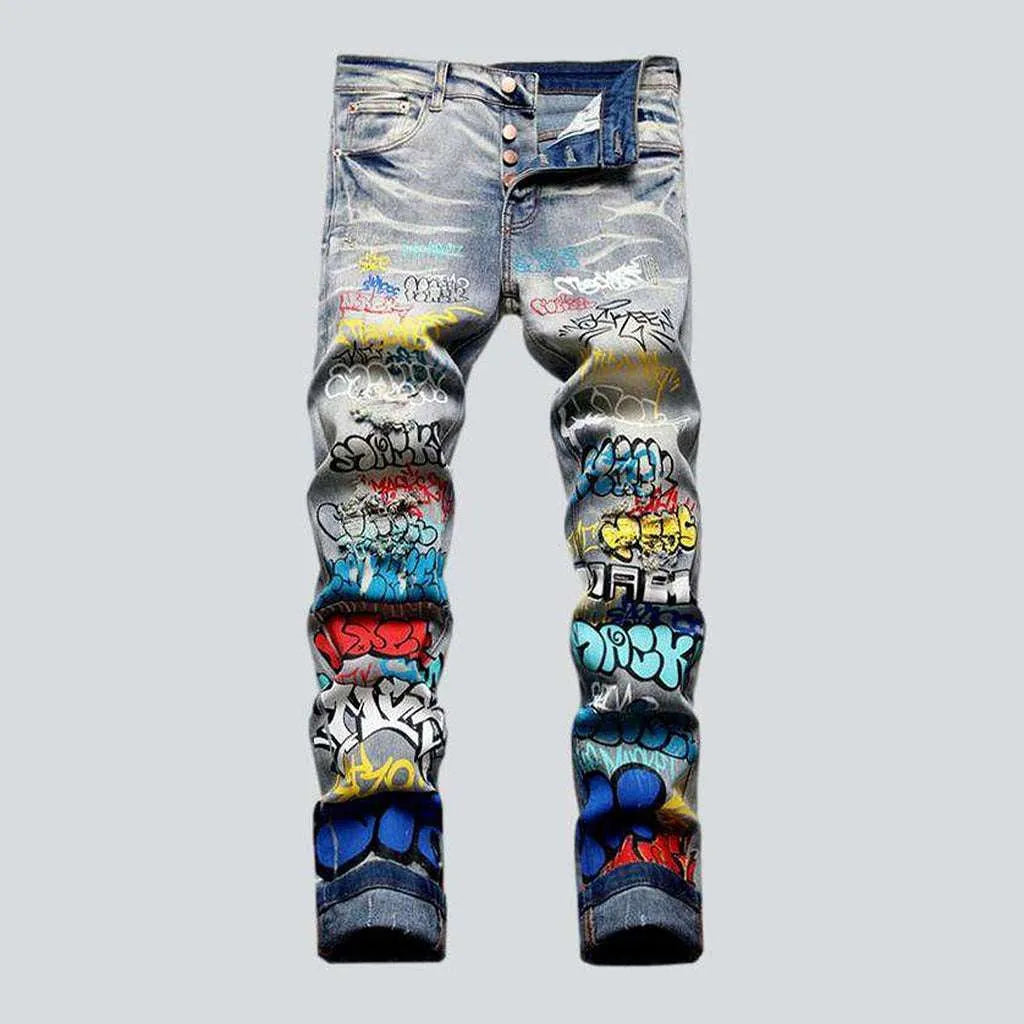 Graffiti print ripped men's jeans | Jeans4you.shop