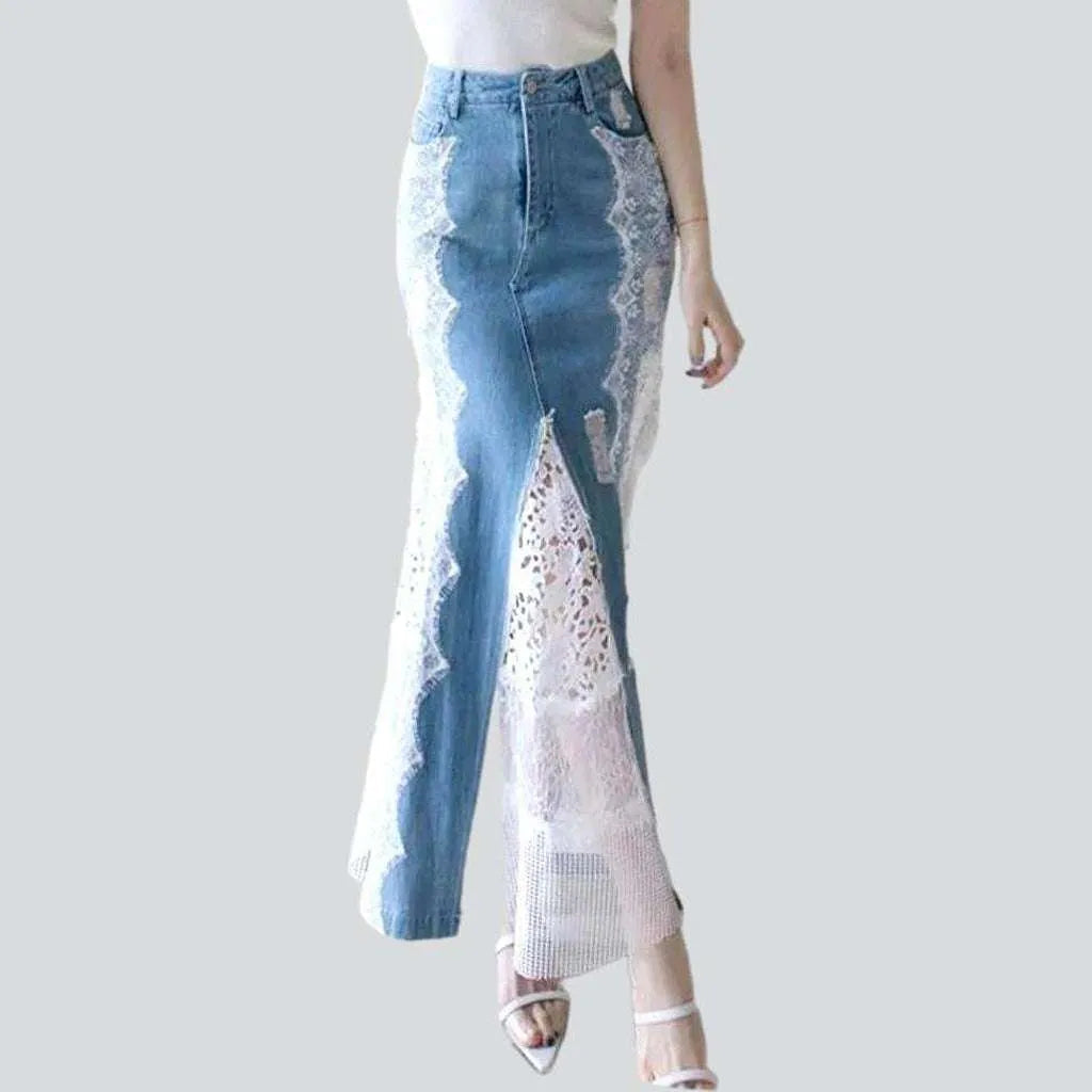 Lace embroidery long denim skirt | Jeans4you.shop