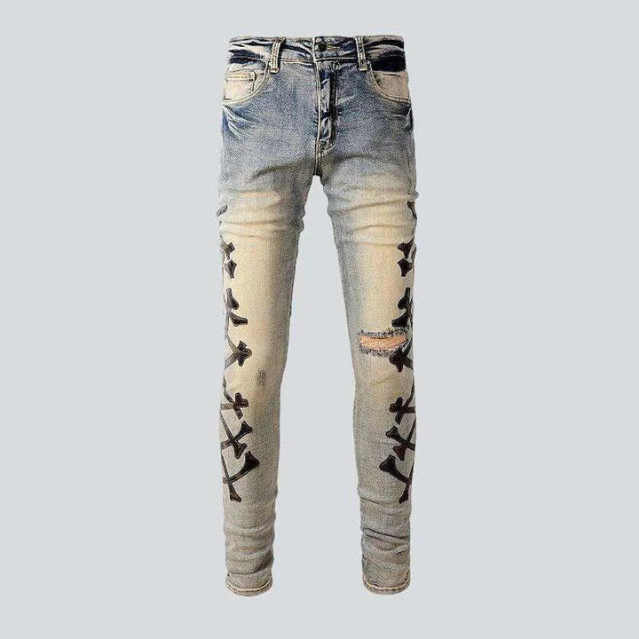 Leather bones embroidery men's jeans | Jeans4you.shop