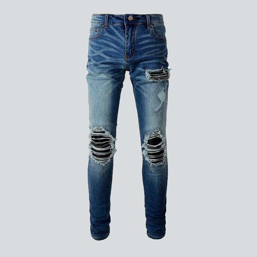 Leather patch men's skinny jeans | Jeans4you.shop