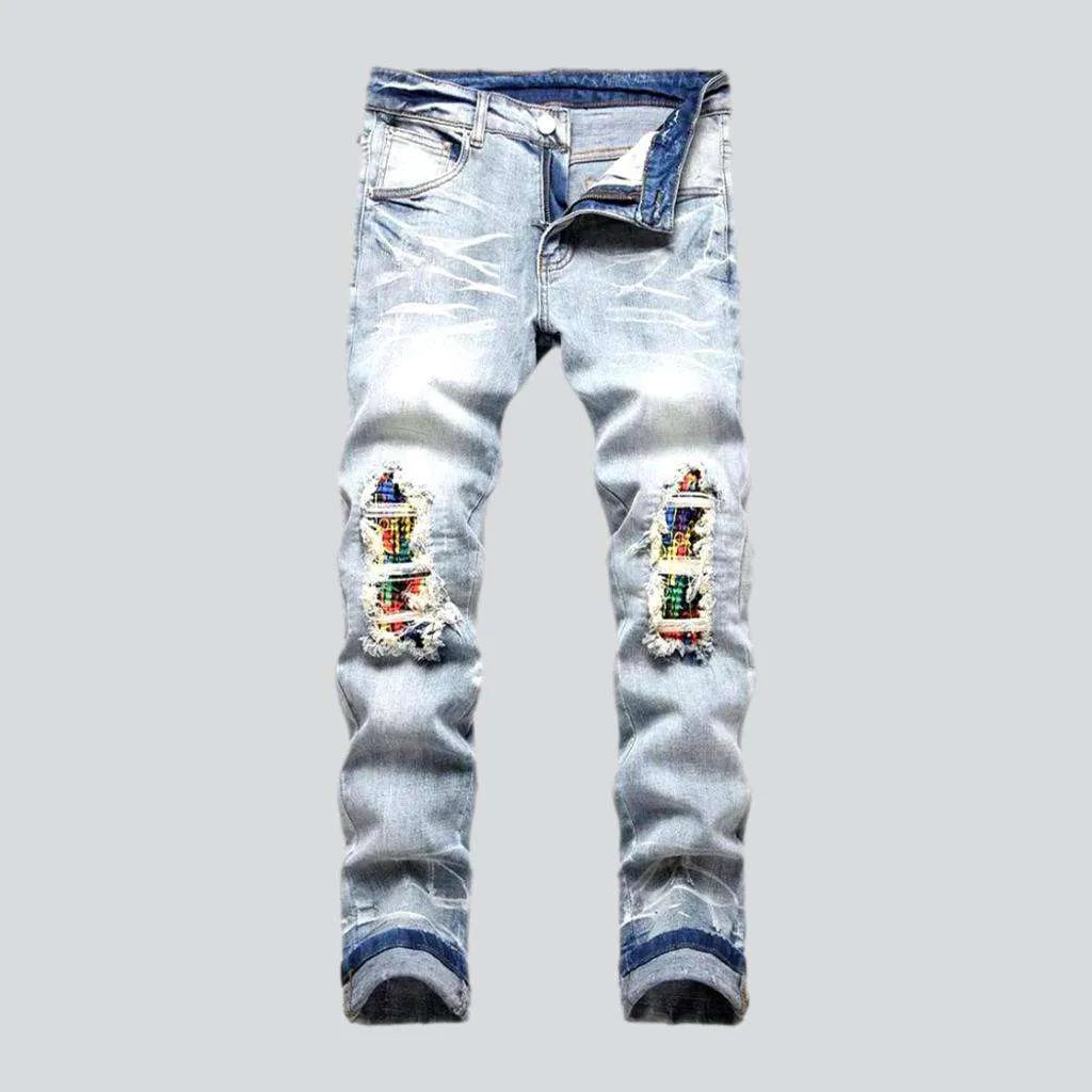 Light wash color men's patch jeans | Jeans4you.shop