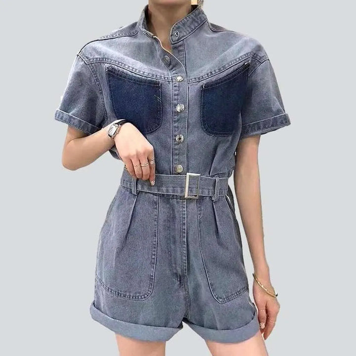 Mandarin collar denim overall shorts | Jeans4you.shop