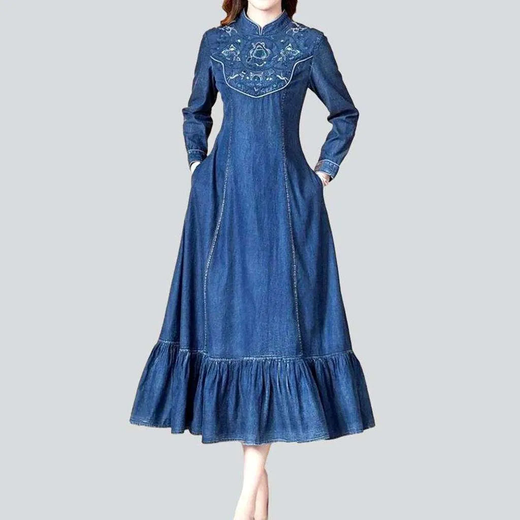 Denim Woman Dresses Autumn 2023 Imitation Denim Vintage Clothes Solid  Female Fashion Casual Blue Dress Knee-Length O-Neck Clothe