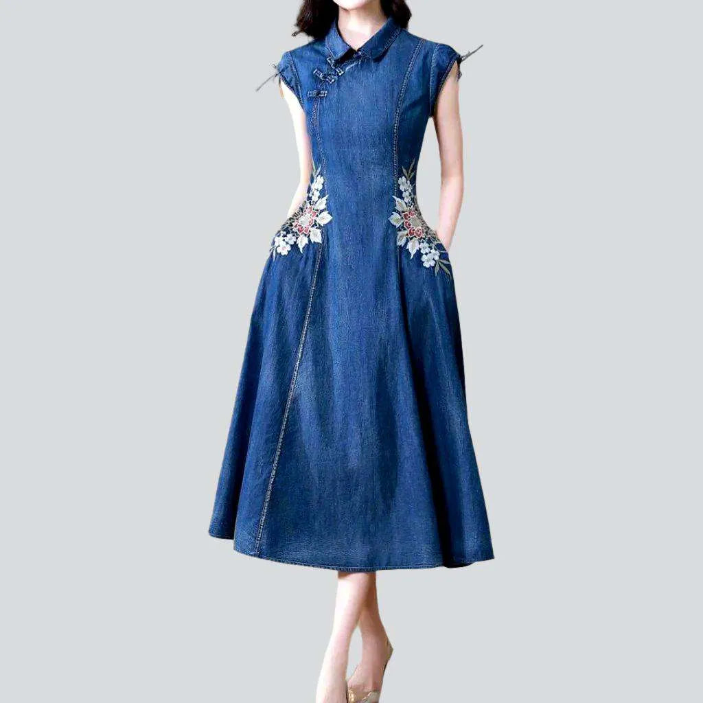 Medium wash embroidered denim dress
 for women | Jeans4you.shop