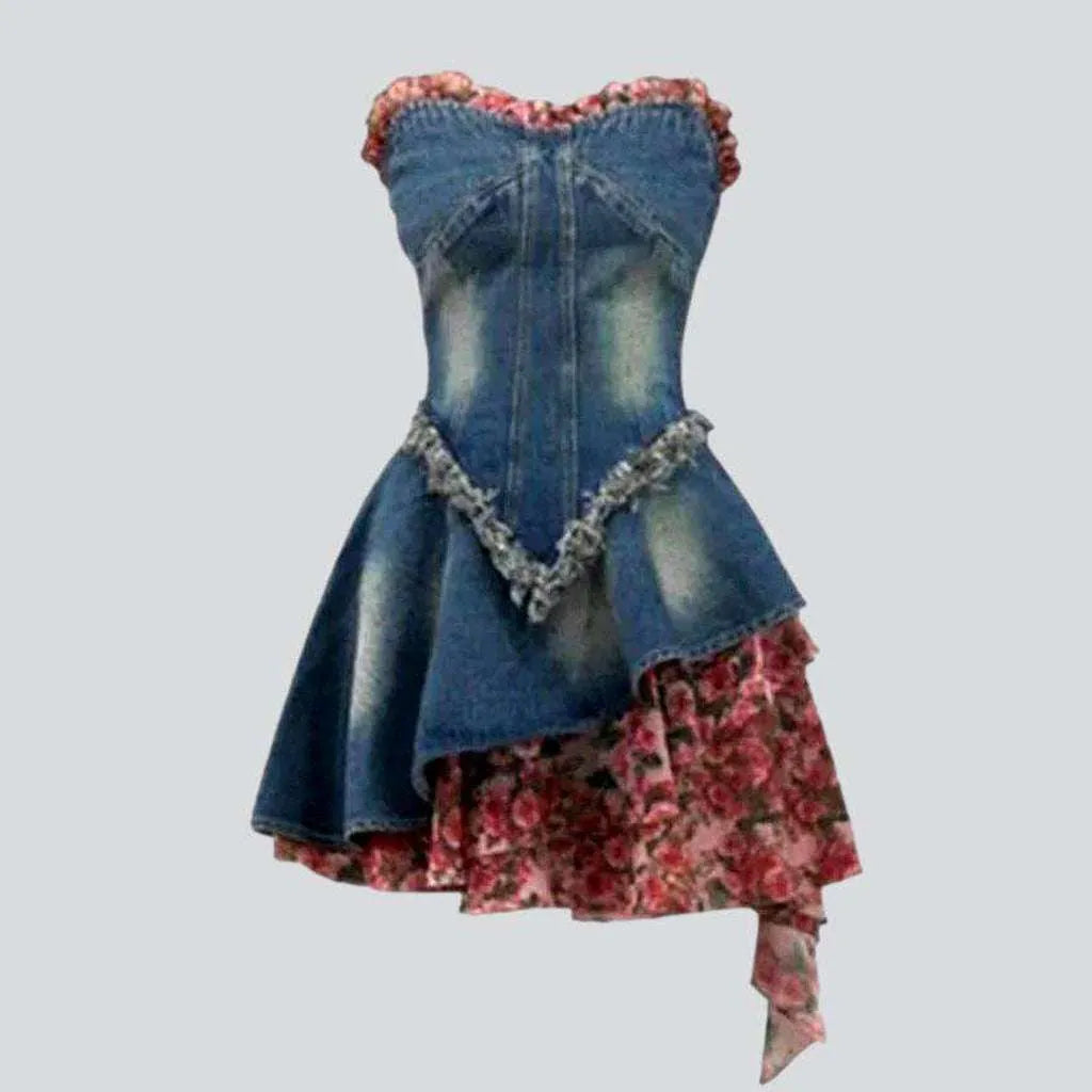 Mixed fabric strapless denim dress | Jeans4you.shop