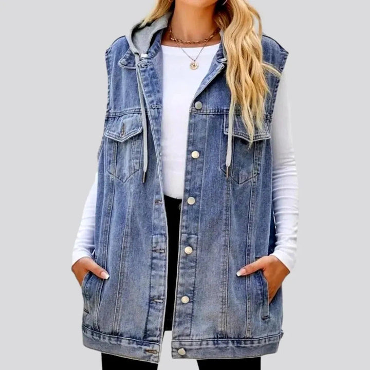 Mixed-fabrics hooded denim vest for women | Jeans4you.shop