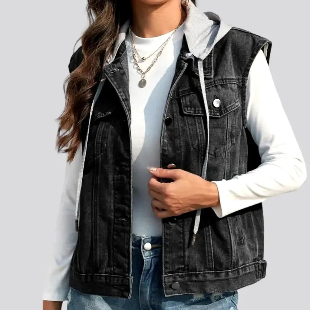 Mixed-fabrics hooded jean vest
 for women | Jeans4you.shop