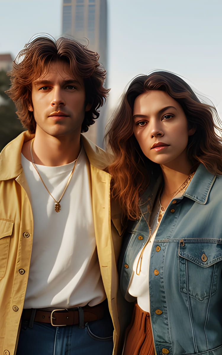 A man and a woman, both of Caucasian descent, wearing the latest from Jeans4you.shop's 2023 Autumn Collection, strike confident poses against the iconic backdrop of New York's Central Park, aglow with autumn colors.