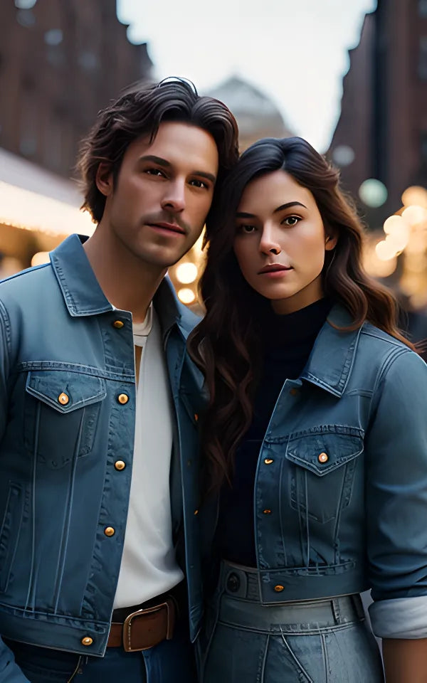 Amidst Covent Garden's Sparkling Christmas Lights, A Canadian Man Dons A Finely-Stitched Denim Jacket, While A New Zealand Woman Elegantly Pairs A Denim Blouse With A Matching Skirt. Both Intently Lock Eyes With The Camera, Their Denim Attire, Now Highlighted With Radiant Red, Evoking A Festive Charm.