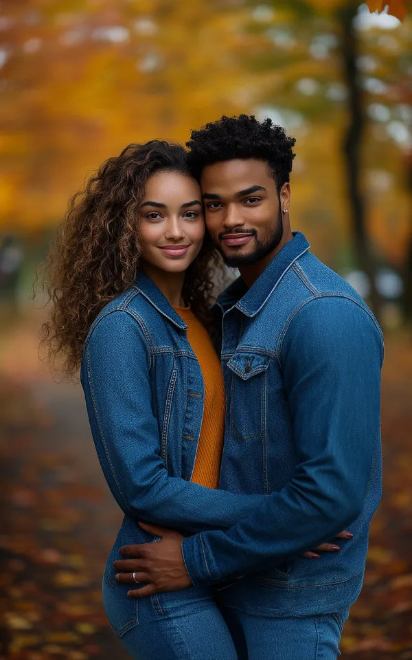 Mixed ethnicity couple in Toronto park, both dressed in denim, with autumn foliage.