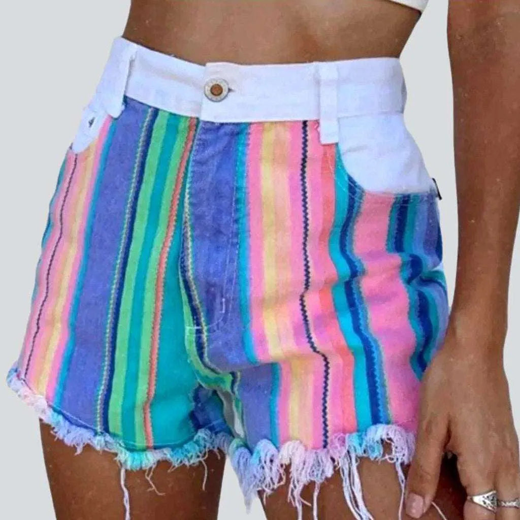 Neon-striped distressed denim shorts | Jeans4you.shop