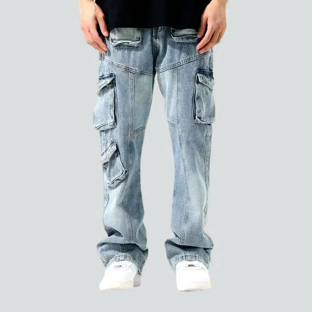 MERSARIP Men Jeans Frayed Patchwork Color Block Relaxed Fit Denim