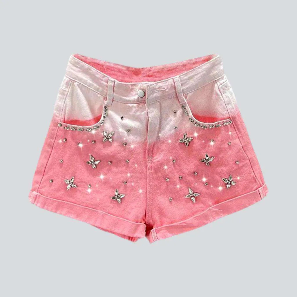 Pink contrast rhinestone denim shorts | Jeans4you.shop