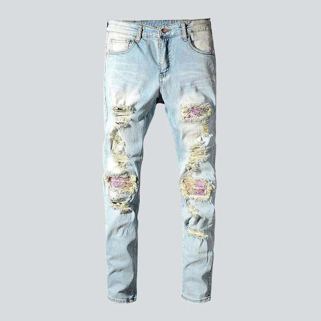 Pink patchwork distressed men's jeans | Jeans4you.shop