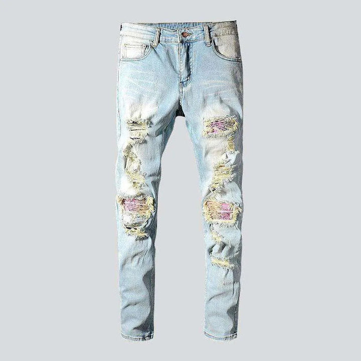 Pink patchwork distressed men's jeans | Jeans4you.shop