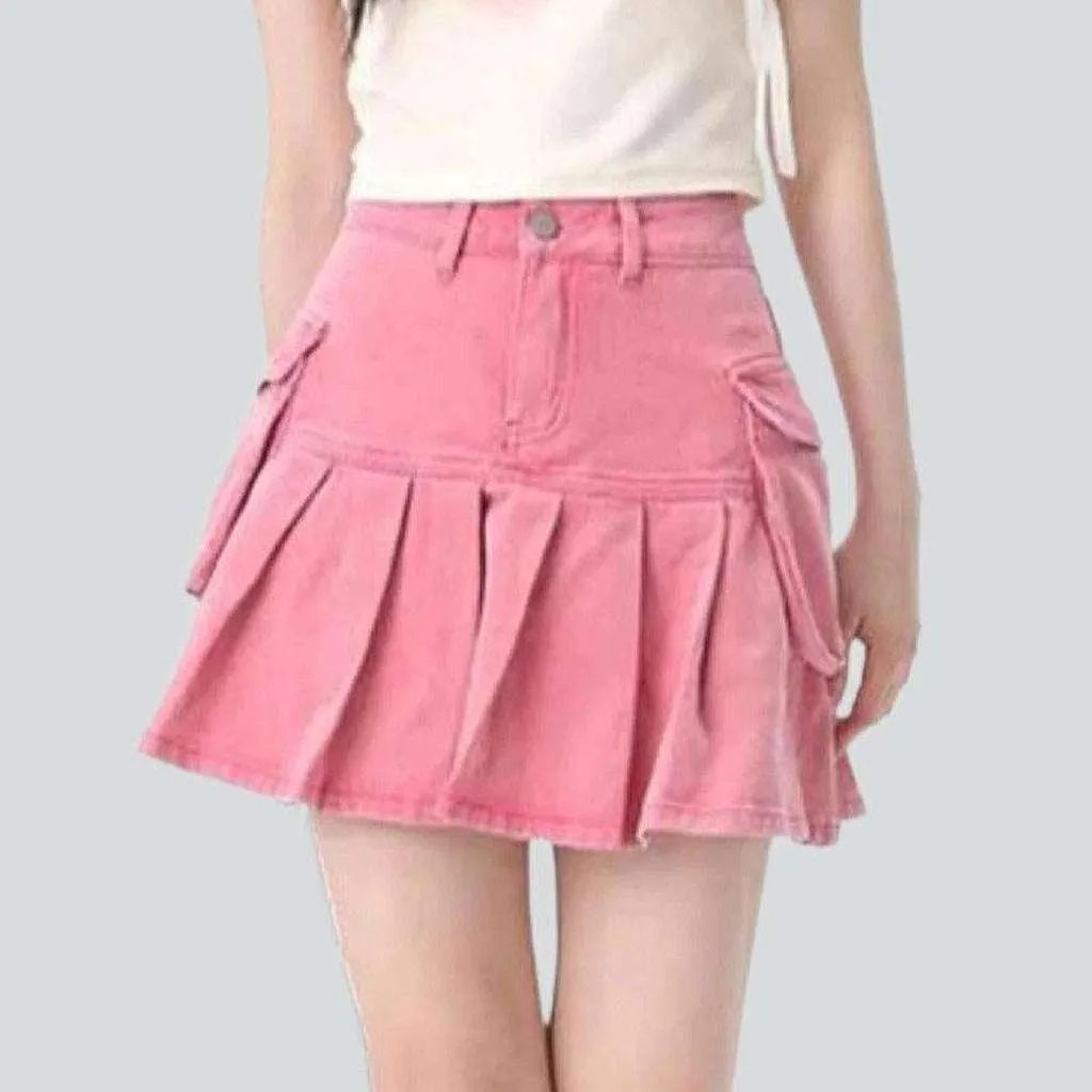 Pink pleated cargo denim skirt | Jeans4you.shop