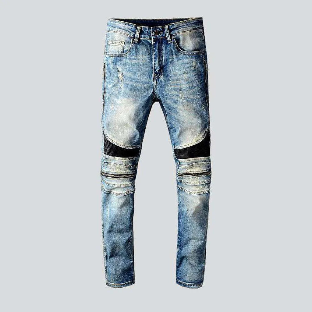 Pu leather patchwork biker jeans | Jeans4you.shop