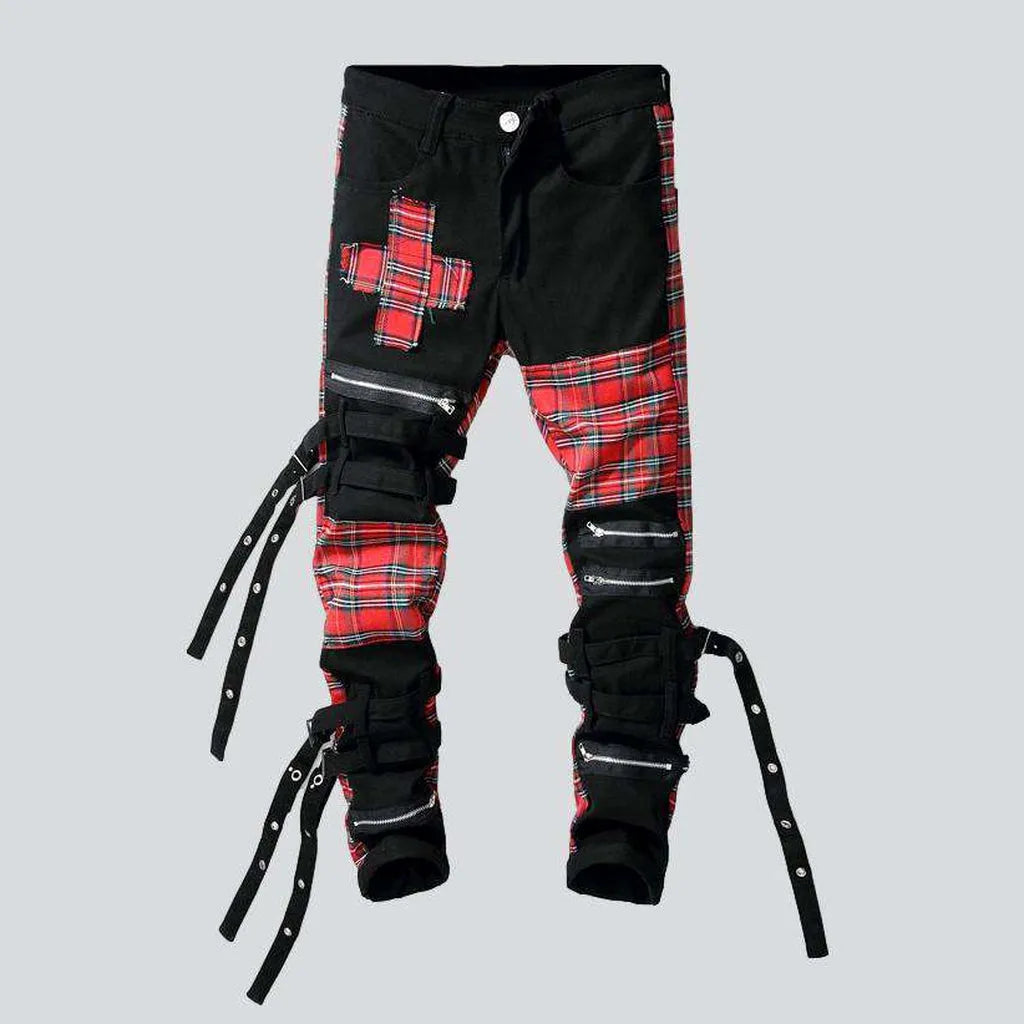 Red checkered patchwork men's jeans | Jeans4you.shop