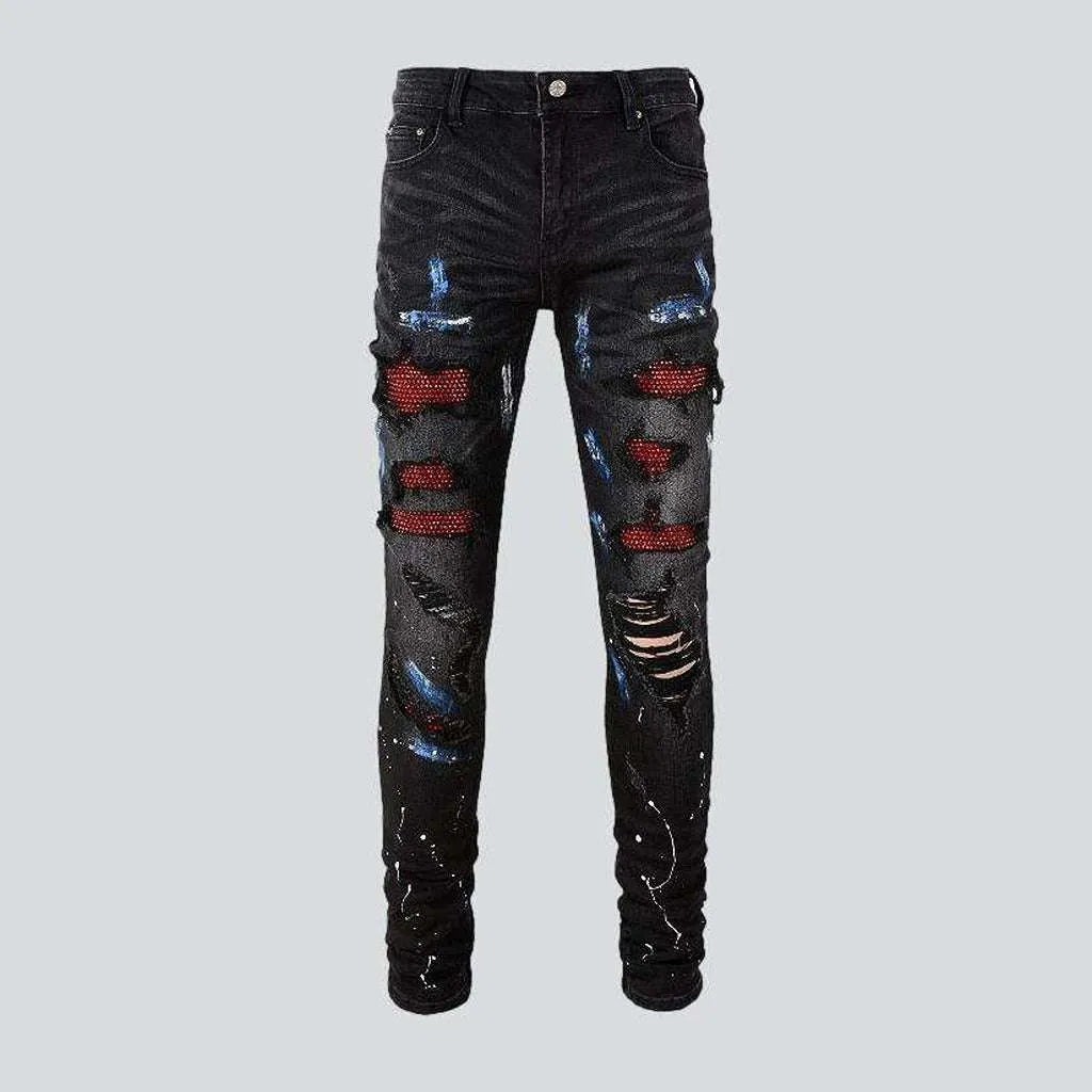 Red crystal patchwork men's jeans | Jeans4you.shop
