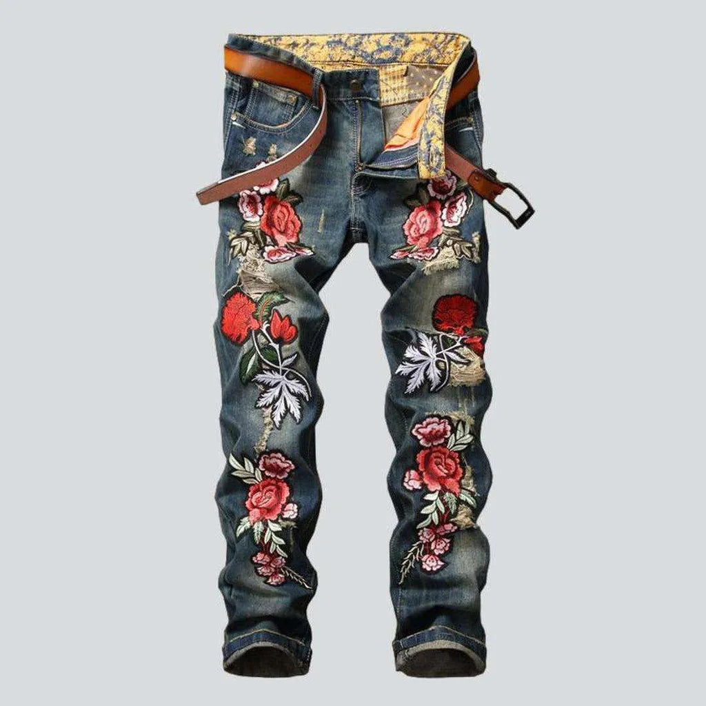 Red flower embroidery men's jeans | Jeans4you.shop