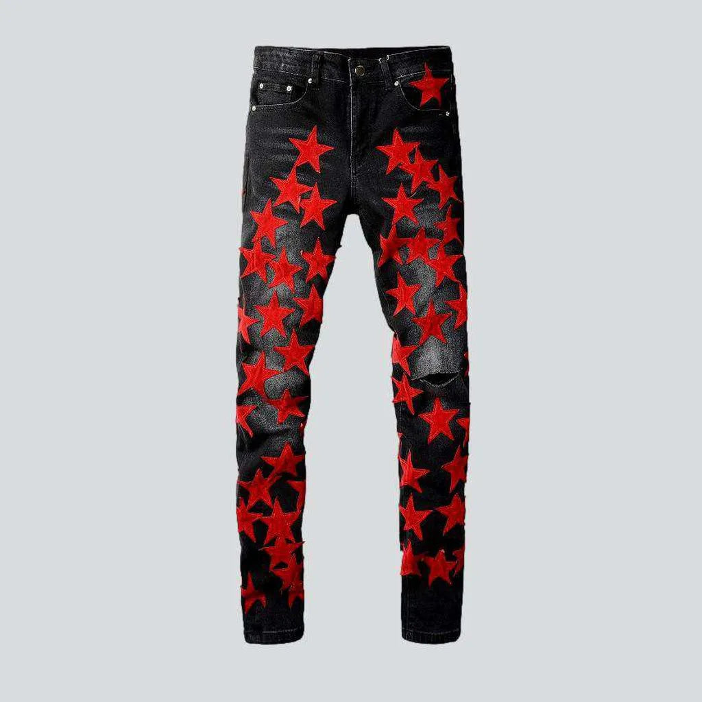 Red stars embroidery men's jeans | Jeans4you.shop
