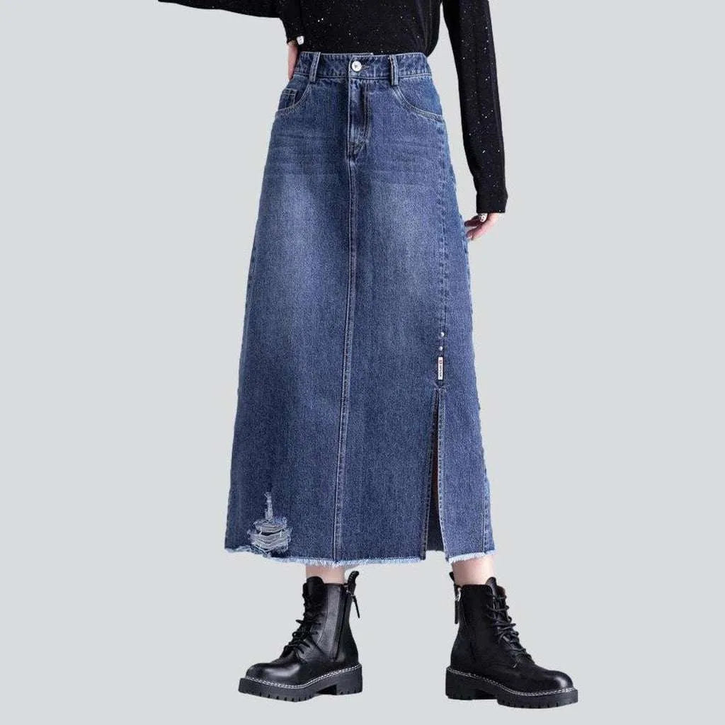 Ripped edge long denim skirt | Jeans4you.shop
