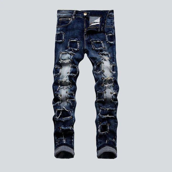 Rivet embellished patched men's jeans | Jeans4you.shop