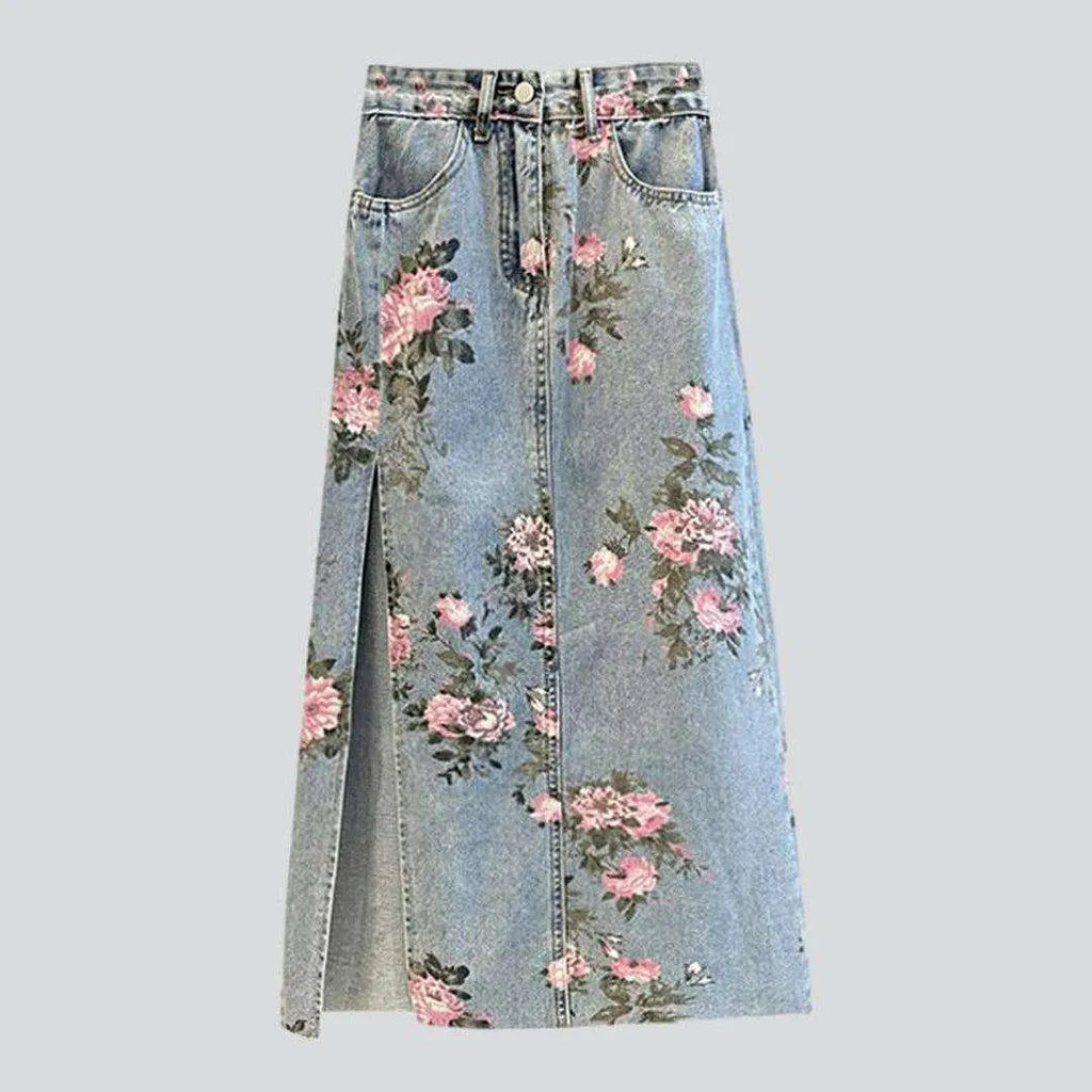 Rose-painted long denim skirt | Jeans4you.shop