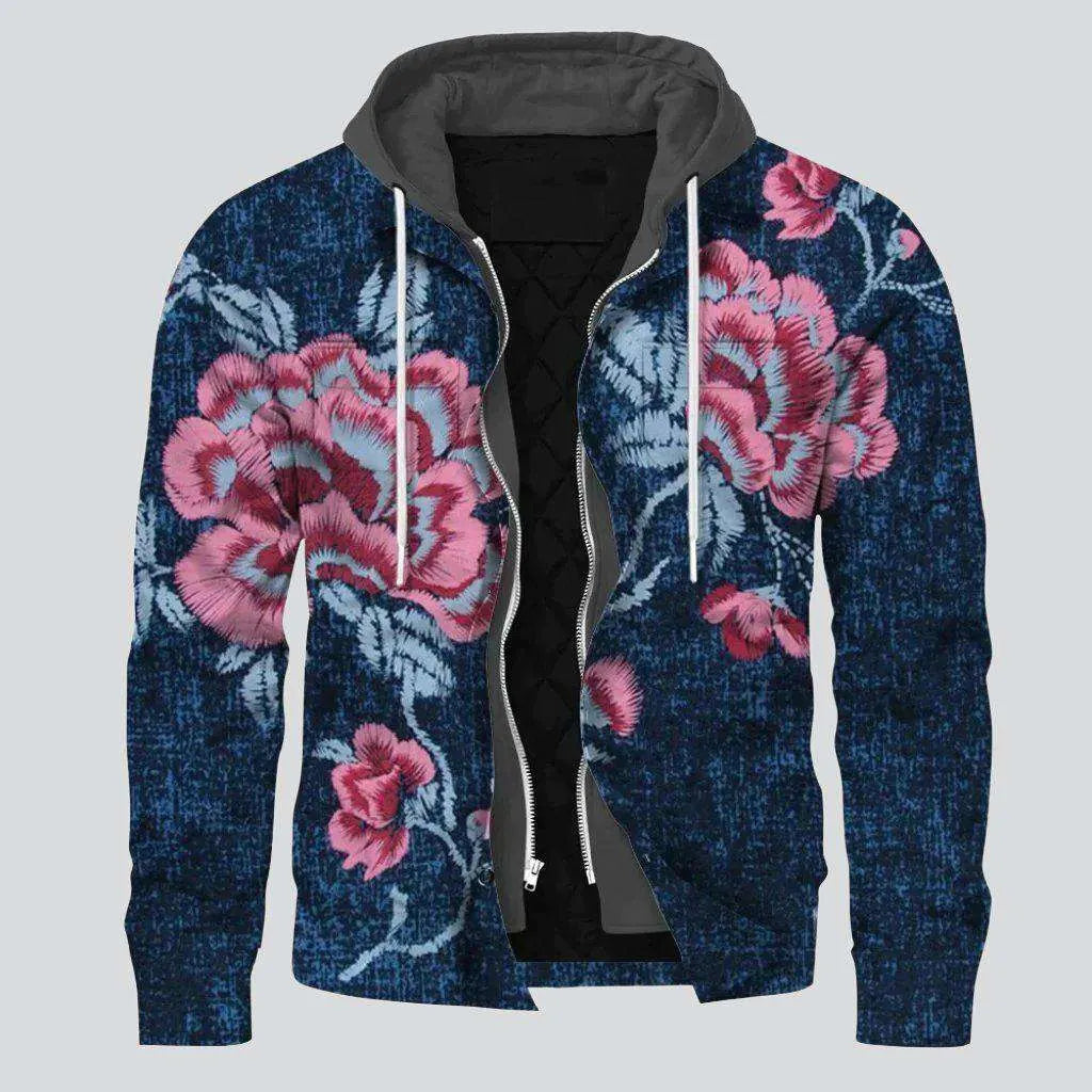 Rose print hooded denim jacket | Jeans4you.shop
