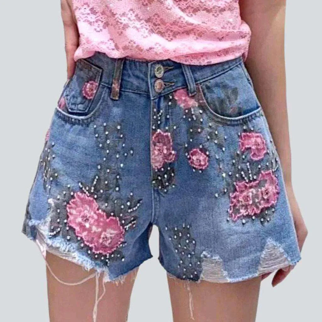 Rose print rhinestone denim shorts | Jeans4you.shop