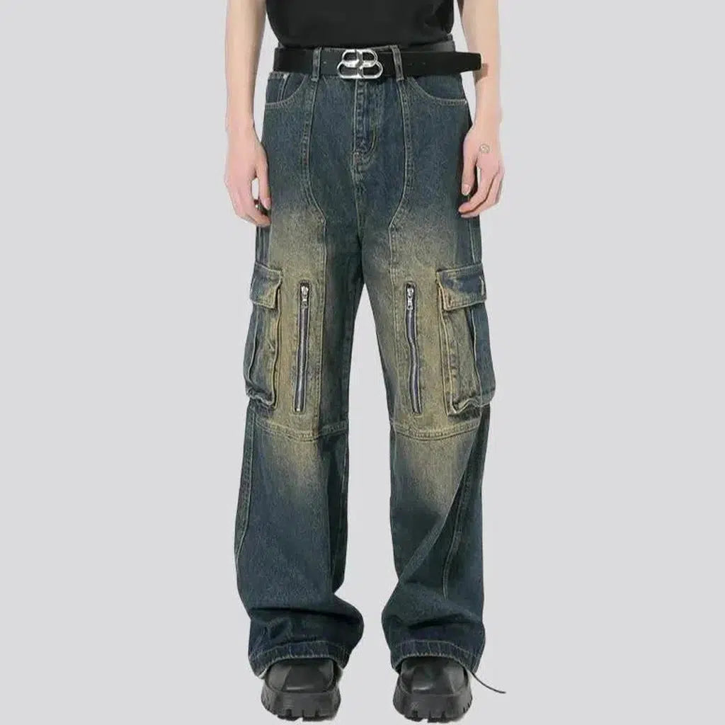Floor-length men's dark-wash jeans