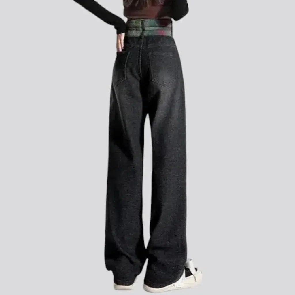 baggy, embroidered, sanded, medium-wash, floor-length, double-waistline, high-waist, zipper-button, 5-pockets, women's jeans | Jeans4you.shop