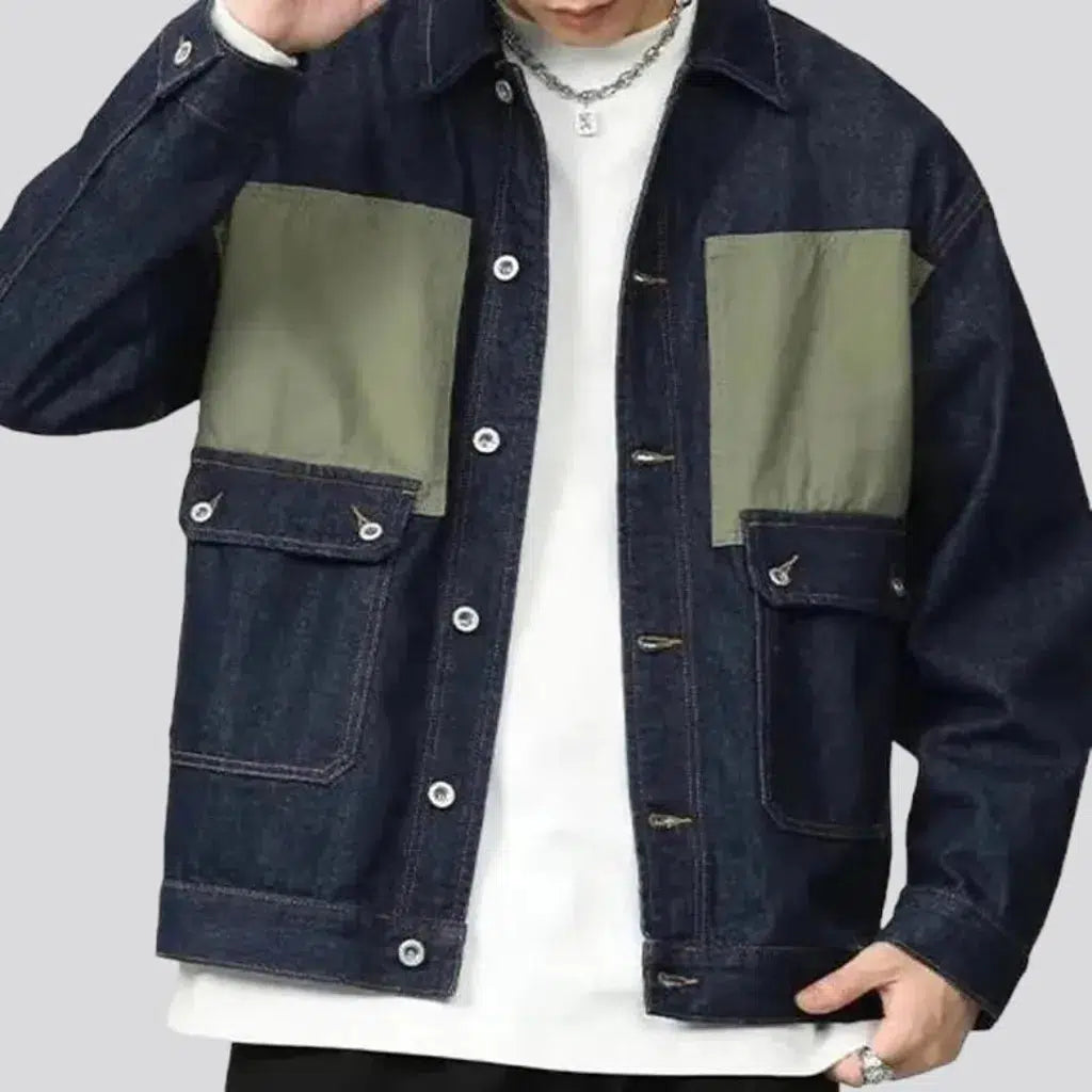 oversized, two-tone, khaki-patches, dark-wash, cargo-pocket, buttoned, men's jacket | Jeans4you.shop