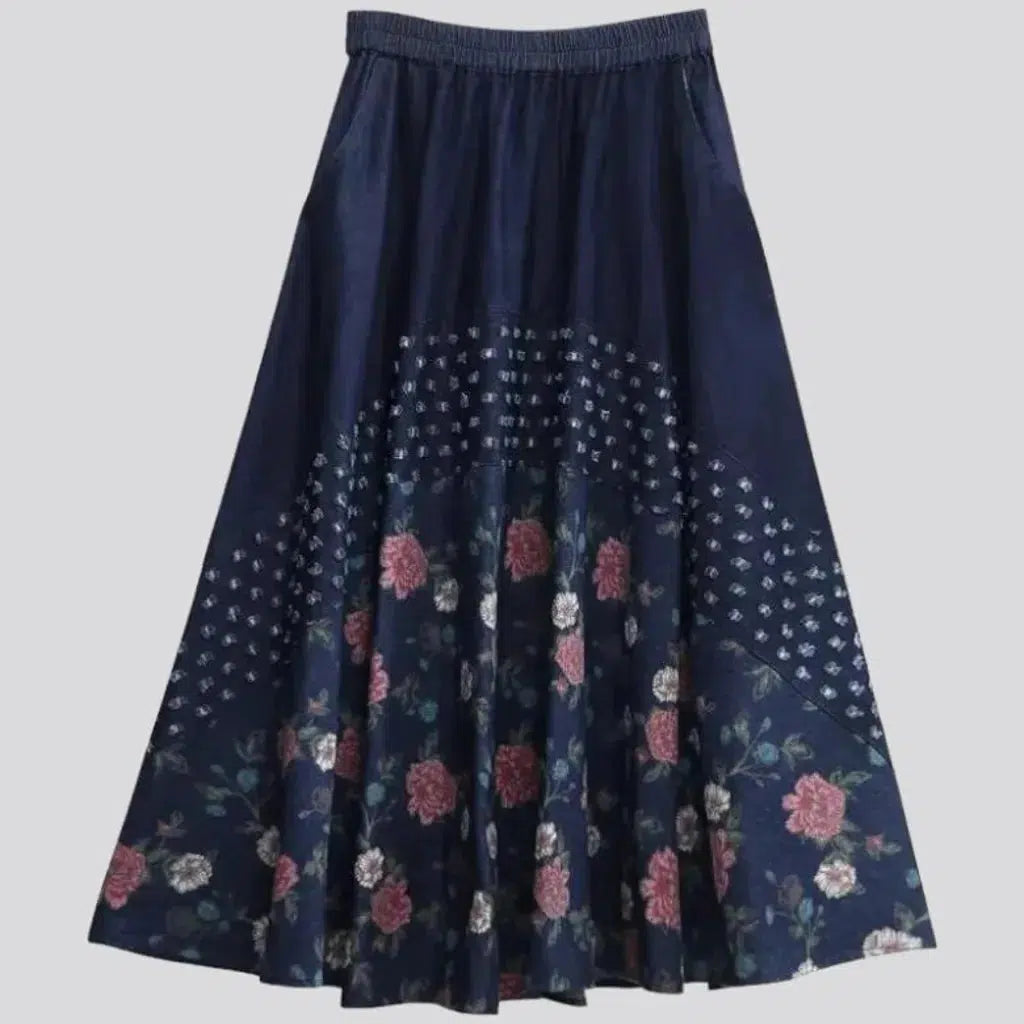 Flower dark-wash women's denim skirt