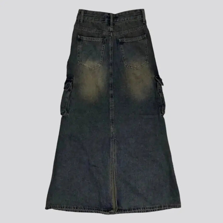 long, vintage, yellow-cast, sanded, floor-length, dark-wash, back-slit, high-waist, zipper-button, cargo-pockets, women's skirt | Jeans4you.shop