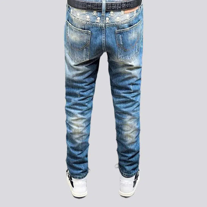 Small skulls embroidery jeans
 for men