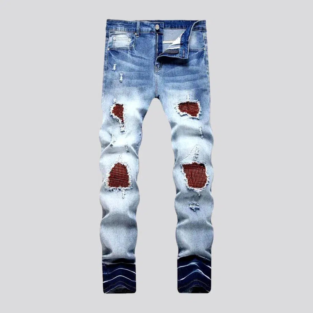 Sanded men's red-crystal-patch jeans | Jeans4you.shop