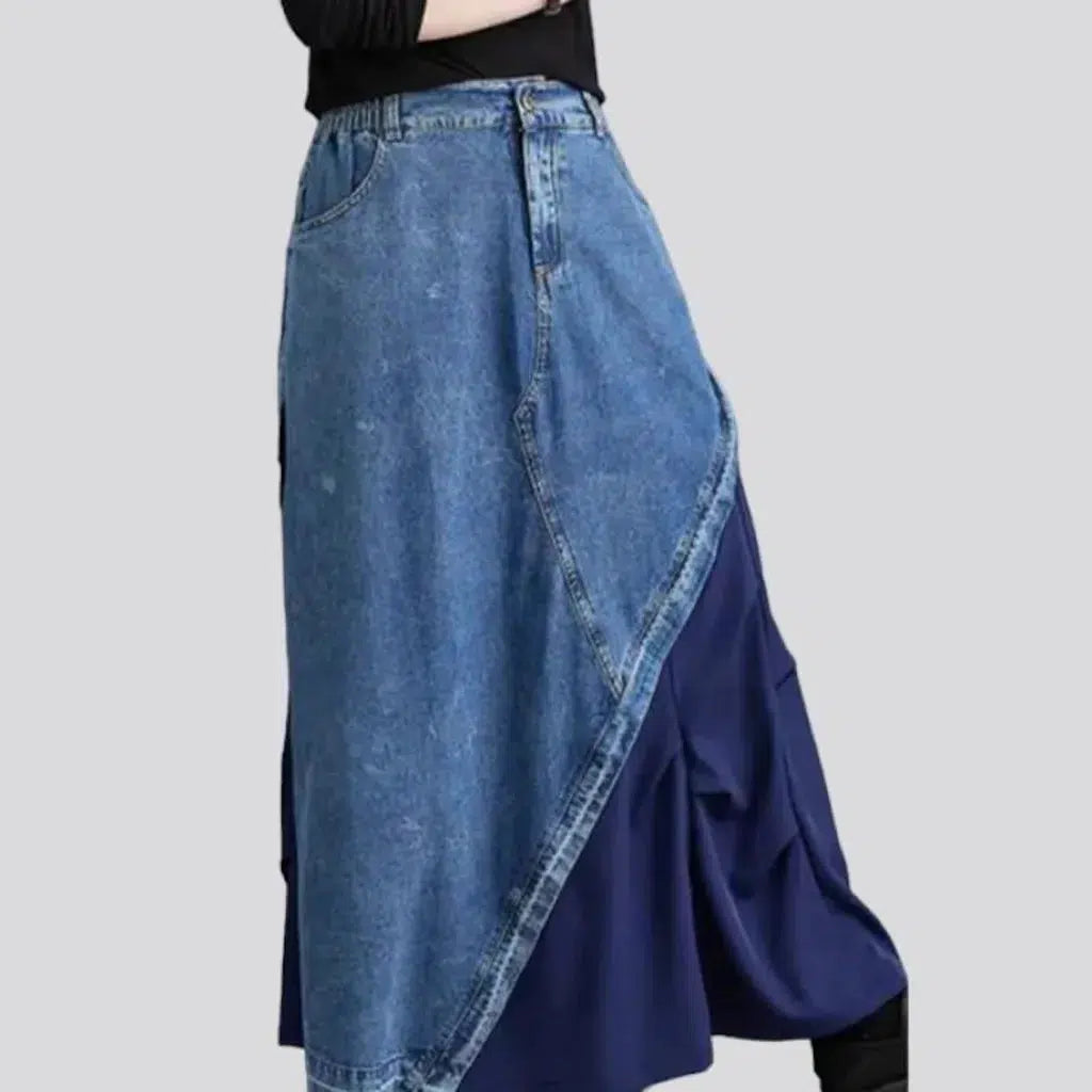 Blue mixed-fabrics denim skirt
 for ladies