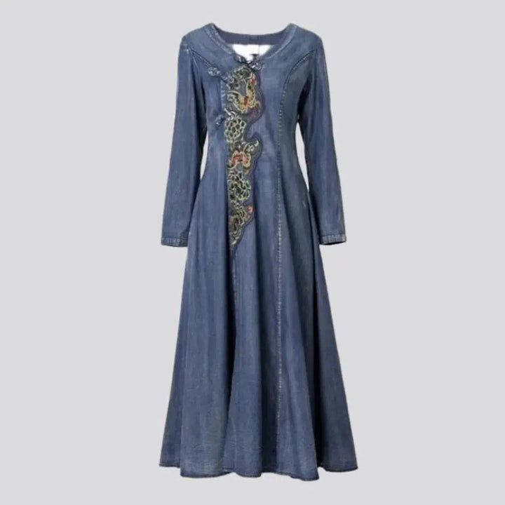 Chinese-style v-neck jean dress
 for ladies
