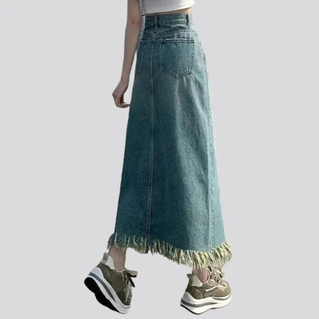 vintage, A-line, front-slit, tassel-hem, sanded, light-wash, high-waist, straight-pockets, zipper-button, women's skirt | Jeans4you.shop