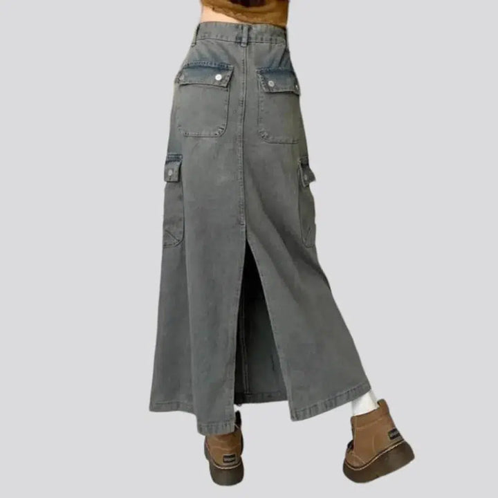 Grey back-slit women's jean skirt