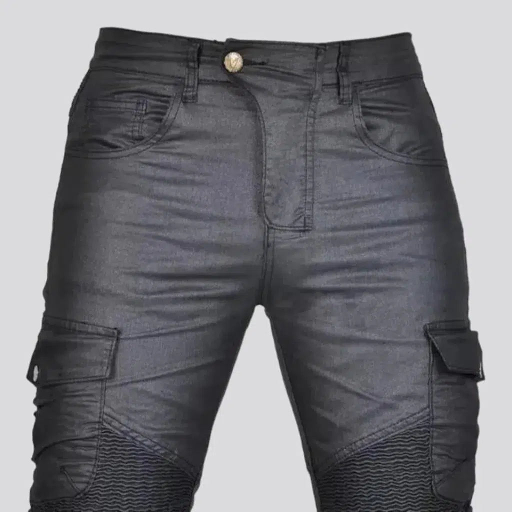 Wax black biker jeans
 for men