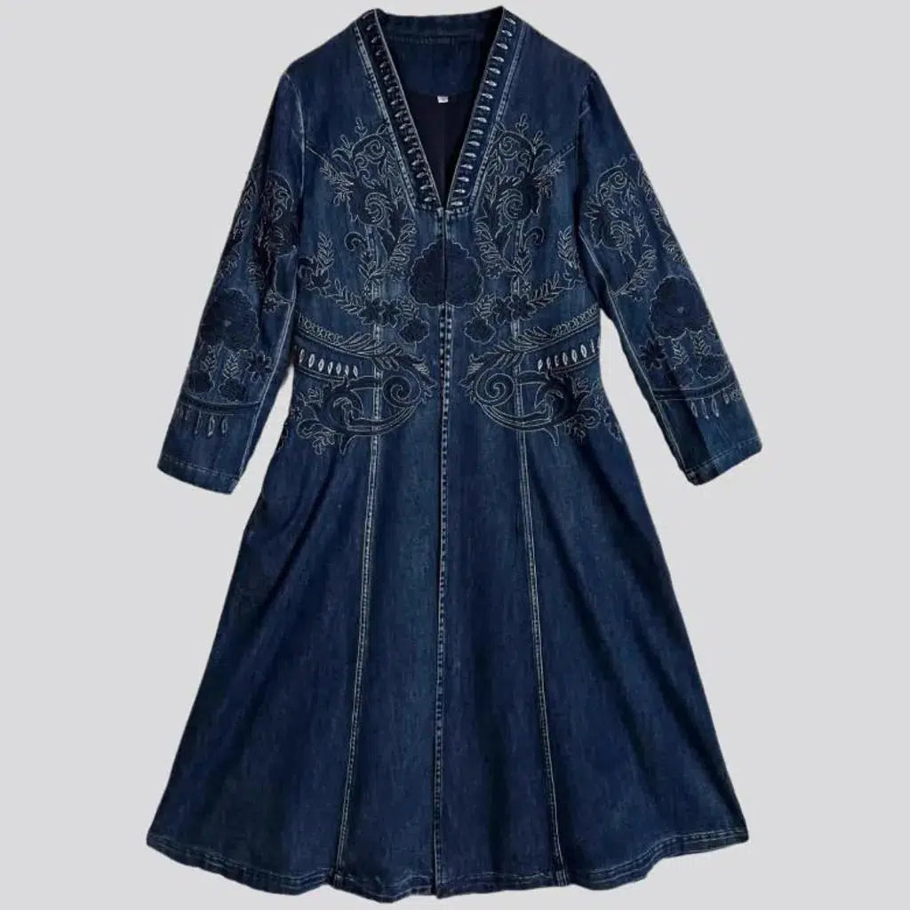Chinese-style medium-wash jean dress