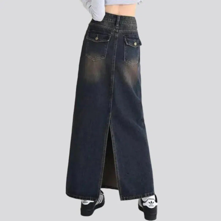 long, vintage, back-slit, sanded, high-waist, 5-pocket, zipper-button, women's skirt | Jeans4you.shop