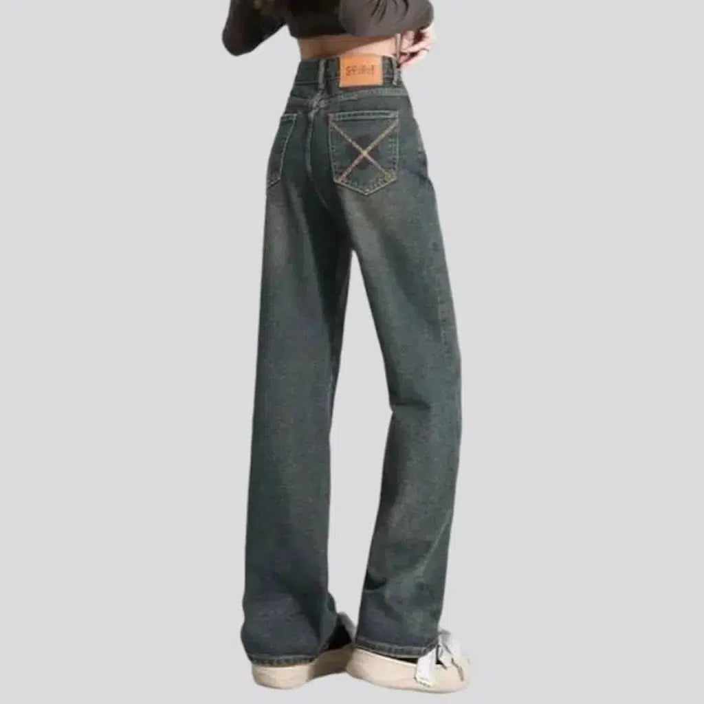 vintage, wide-leg, whiskered, sanded, embroidered-back-pocket, high-waist, zipper-button, 5-pockets, women's jeans | Jeans4you.shop