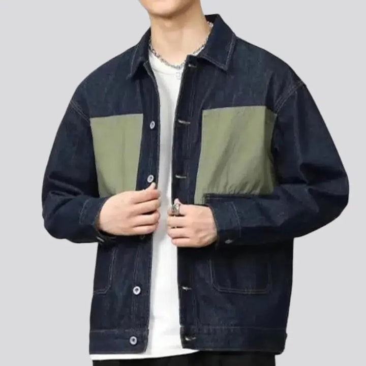 Khaki-patches two-tone denim jacket
 for men
