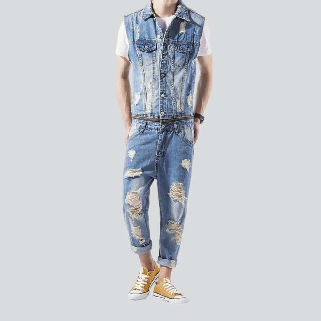 Sleeveless distressed men's denim overall | Jeans4you.shop